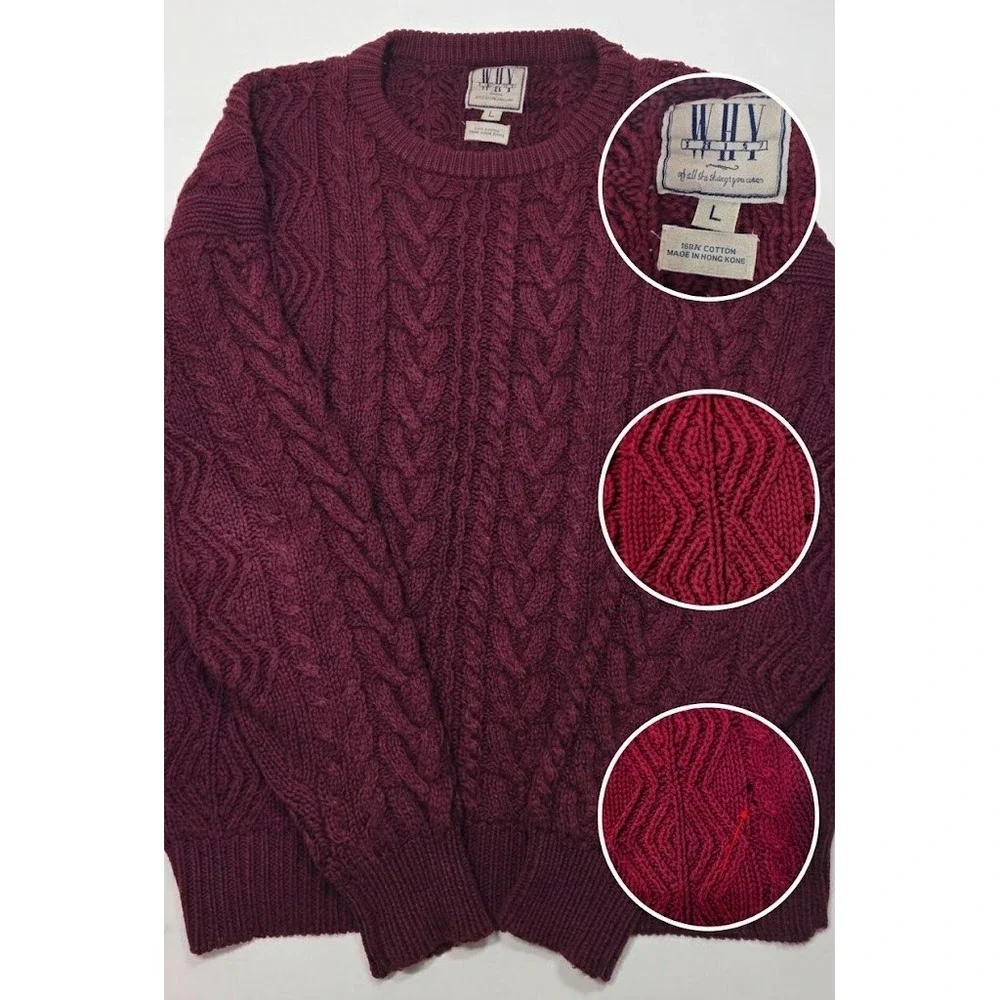 Vintage Why This Cable Knit Sweater L Burgundy Made In Hong Kong Small Flaw